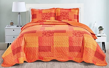 Masterplay 3Piece Fine Printed Oversize 115 X 95 Quilt Set Bedspread Coverlet King Size Bed Cover Shades of Orange Patchwork