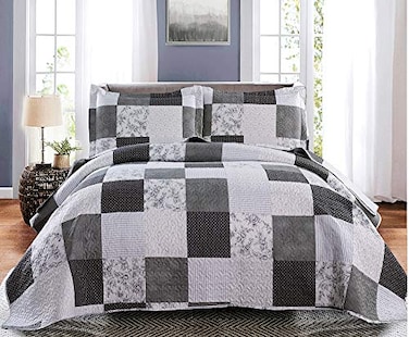 Jessy Home Morden Lightweight Queen Bedspread Floral Plaid Reversible Quilt Set Grey Black White Paisley Floral Pattern