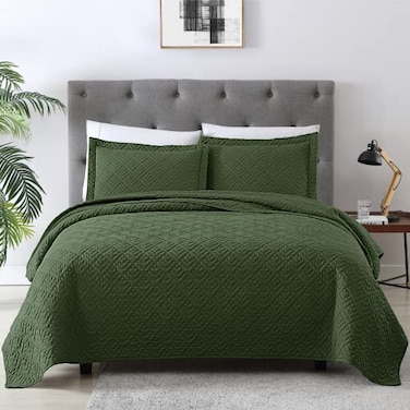 EXQ Home Quilt Set King Size Olive Green 3 PieceLightweight Soft Coverlet Modern Style Squares Pattern Bedspread Set1 Quilt2 Pillow Shams