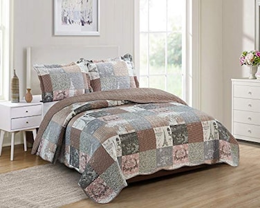 Brilliant Sunshine Paris and Toile Floral Quilt Queen Size Latte Grey Bedding Set with Shams Patchwork Design Reversible Bedspread Soft Lightweight Coverlet for All Seasons 90x90
