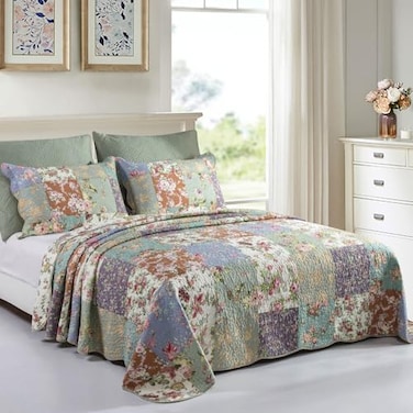 YAYIDAY Quilts Queen Size Patchwork Bedspread Set 100 Cotton Reversible Breathable Floral Quilted Quilt with Pillow Shams Fit All Season