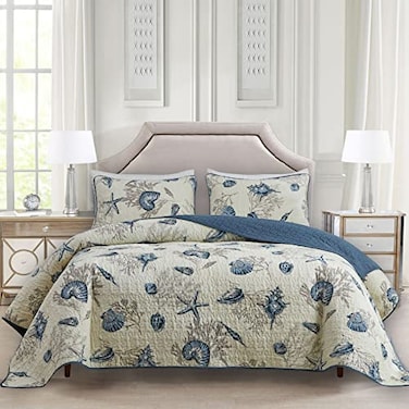 ABREEZE Coastal Beach Theme Quilt Set with Shams Queen Nautical Coverlet Cotton Bedspread Ocean Bedding Set Sea Shell Conch Coral Starfish Comforter Set BeigeFullQueen3 Pieces