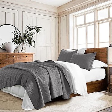 HORIMOTE HOME 100 Cotton Quilt Set King Size Dark Grey PreWashed 3Piece Bedspread Coverlet Set Cozy Lightweight Stitching Bedding Cover with 2 Shams in Geometric Pattern for All Season