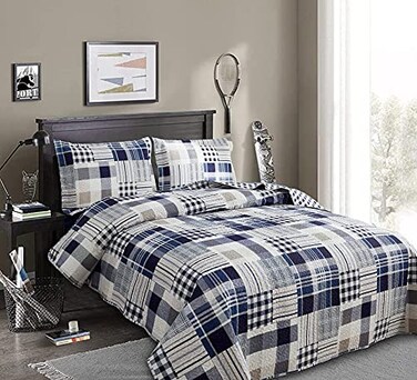 Jarson Patchwork Bedding Plaid Quilts Set FullQueen Size 3Pcs Navy Blue Buffalo Bedspreads Summer Lightweight Coverlet Pillow Shams