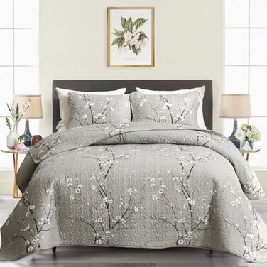 UOZZI BEDDING 3 Piece Reversible Quilt Set Gray Branch with White Orange Floral King Size 102x88 Soft Microfiber Lightweight Coverlet Bedspread Summer Comforter Set Bed Cover for All Season 1 Quilt 2