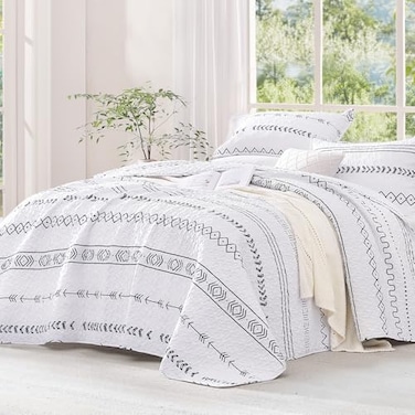 Andency White King Size Quilt Set 3 Pieces Boho Lightweight Soft Striped Bedspread for All Season 106x96 Printed Bohemian Polyester Reversible Coverlet Comforter Sets