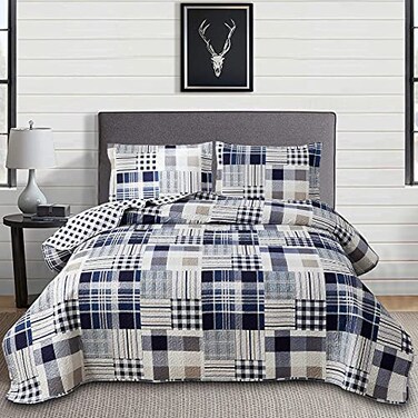 Green Essen Blue White Brown Plaid Quilt Set King Size Reversible Patchwork Bedspread Lightweight Blanket Soft Breathable Buffalo Check Bedding Gingham Coverlet Checker Bed Set Geometric Home Decor