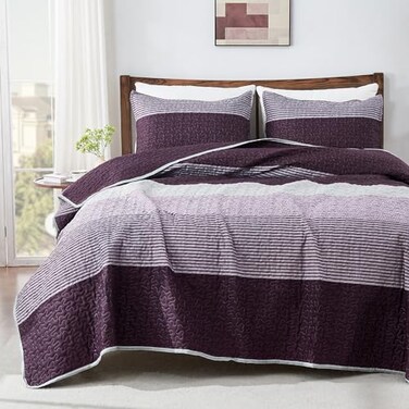 Andency Stripe Quilt Set Queen96x90Inch 3 Pieces 1 Striped Quilt and 2 Pillowcases Purple and Grey Patchwork Bedspread Coverlet Set Soft Quilted Bedding Set