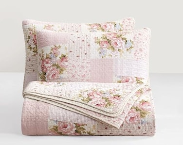 Chezmoi Collection Rosy 3Piece Queen Size Printed Patchwork Cotton Quilt Set Pink Flower Floral Striped Polka Dots Stone Washed Lightweight Bedspread Queen Size