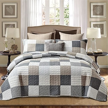 PANGUSHAN 100 Cotton Quilt Set King SizePatchwork Plaid Bedding BedspreadsFarmhouse Lightweight Comforter Reversible QuiltWhiteGrayGreyTanBlackCream Bed Spread King3 Pieces