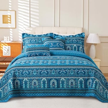 VAPUTAR Cotton Quilt Bedding Set 3 Pieces Boho King Size Quilts Lightweight Reversible Coverlets Bedspreads for Farmhouse Bedroom Blue
