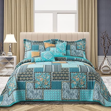 VAPUTAR King Size Quilt Bedding Set Soft Cotton King Size Bedspreads 98 106 in Lightweight Patchwork Floral Quilts for Farmhouse Bedroom TealGreen Chic 3 Pieces
