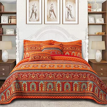 VAPUTAR Cotton Quilt Queen Size Bedding Set 3 Pieces Boho Queen Size Quilts Lightweight Reversible Coverlets Bedspreads for Farmhouse Bedroom RedOrange