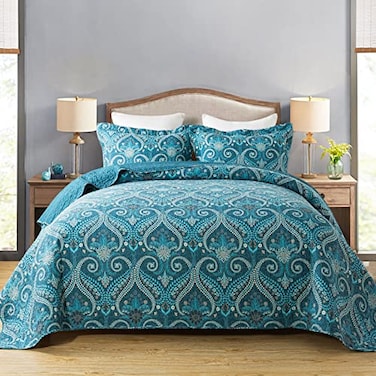 Travan 3Piece Cotton Quilt Set Quilted Bedding Set for All Season Cyan Blue Flower King Size