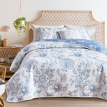 Flysheep Reversible Quilt Set King Size 3 Pieces White and Blue Botanical Floral Printed Lightweight Summer Bedding Set Soft Microfiber BedspreadCoverlet for All Season 104x90