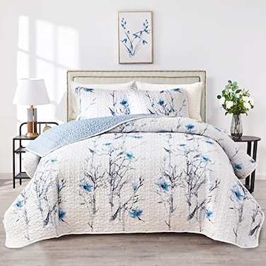 Flysheep Botanical Quilt Set 3 Pieces King Size Blue Flower Branch on White Reversible Bedspread Coverlet Set Soft Microfiber Lightweight Bed Cover for All Season 102 x 90 1 Quilt 2 Pillow Shams