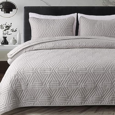 Whale Flotilla Soft King Size Quilt Set for All Seasons 3Piece Ultrasonic Geometric Quilts Bedding Set Lightweight Reversible Bedspread Coverlet Bed Cover with 2 Pillow Shams Lightgrey