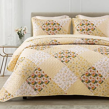 Exclusivo Mezcla Reversible Boho Quilts Queen Size Yellow Soft Bedspreads Lightweight Coverlet All Season Patchwork Quilt Bedding Set with Printed Floral Pattern 1 Quilt 2 Pillow Shams