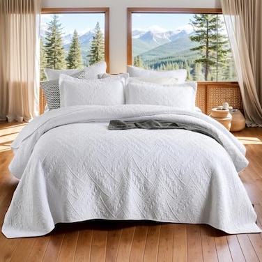 Brandream White Quilts Queen Size Quilt Set Cotton Luxury Matelasse Coverlet Set Modern Farmhouse Quilted Comforter Set 3Piece