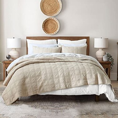 HORIMOTE HOME 100 Cotton Quilt Queen Size Beige Bedspread PreWashed 3Piece Cozy Lightweight Stitching Decorative Bedding Cover Coverlet Set with 2 Shams in Geometric Pattern for All Season