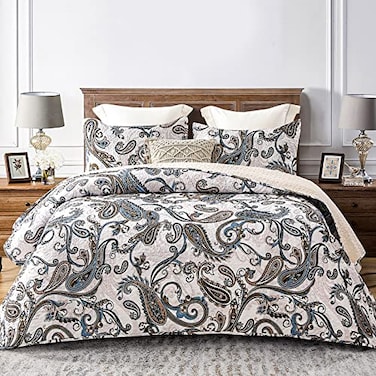 Whale Flotilla Reversible Printed Quilt King Size Extra Soft Boho Paisley Floral Bedspreads for Bed Lightweight King Quilt Bedding Set Coverlets with 2 Pillow Shams for All Seasons Bone Grey