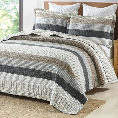 PANGUSHAN 100 Cotton Quilt Set King Size Patchwork King Quilt Bedding Set Bedspreads Farmhouse Lightweight Comforter Reversible Quilt WhiteBrownGrey Bed Spread for All Season 3 Pieces