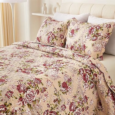 Cmfshape Summer Floral Queen Quilted BedspreadRomantic Red Quilt SetReversible Stitched Bedding Cover All SeasonSoft Lightweight Coverlet with Pillow Cases Red Rose Queen90x90