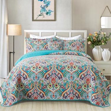 VAPUTAR Quilt King Bedding Set Soft Cotton Quilts with Paisley Floral Pattern Lightweight Reversible Bedspreads for Farmhouse 3 Pieces Bright Teal
