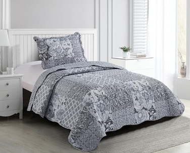 Brilliant Sunshine Multi Grey Flowers Quilt Twin Size Patchwork Design Bedding Set with Sham Reversible Bedspread Soft Lightweight Coverlet for All Seasons 68x90