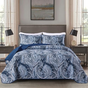 DJY Navy Paisley Quilt Set Queen Boho Bedspread Coverlet Set 3 Pieces Soft Lightweight Microfiber Navy Blue Paisley Floral Pattern Bedding for All Season 96x90