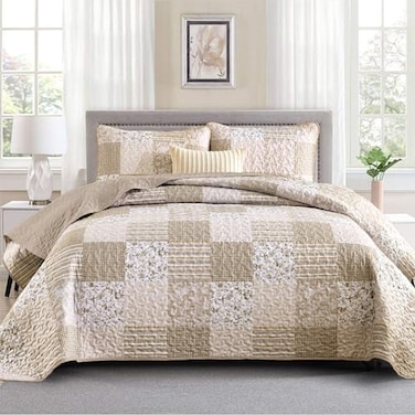 Mybedsoul Beige Boho Quilt Set Queen Size 3 Pieces Plaid Floral Bedspread Set Patchwork Reversible Bedding Set Microfiber Bedding Bedspread Coverlet Set for All Season 90x96