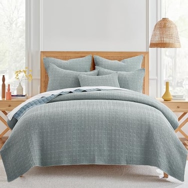 Levtex Home Mills Waffle KingCal King Quilt Set 106x92in with 2 Pillow Shams 36x20in Chambray Cotton Waffle King Size Quilt Bedding Set Lightweight Soft PreWashed