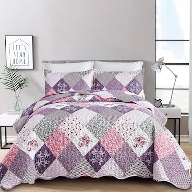 Dinjoy Purple Quilt Set Full Size Reversible Floral Plaid Patchwork Pattern Bedding Set Soft Microfiber Lightweight Bedspread 3 Piece Spring Summer Fall Use 78x90 inches
