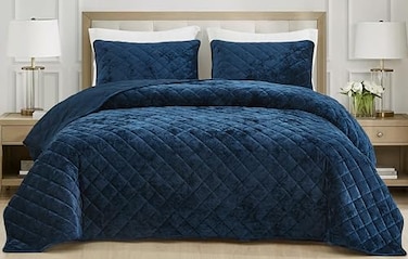 Chezmoi Collection Lux Navy Blue Velvet Quilt King Set 3Piece Plush Distressed Velvet Bedding All Season Lightweight Comforter Brushed Microfiber Reverse with Diamond Stitch Quilting