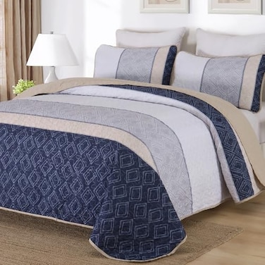 Cottolester Boho Quilt Set Queen Size 3 PiecesKhaki and Navy Blue Striped Bedspread Coverlet SetBohemian Bedding Set Soft Microfiber Bedding Set for All Season 96x90