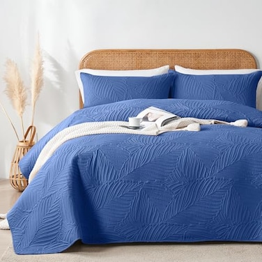 OARAGE King Quilt Bedding Set Lightweight Soft Dark Blue Bedspread Coverlet with Leaf PatternUltrasonic Microfiber Bed Cover Set for All Season 3 Pieces 1 Quilt 2 Shams
