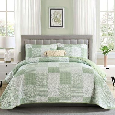 Mybedsoul Light Green Quilt Set King Size 3 Pieces Plaid Floral Bedspread Set Patchwork Reversible Bedding Set Microfiber Lightweight Bedspread Coverlet Set for All Season 110x90