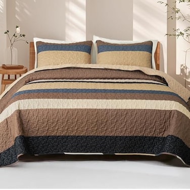 Whale Flotilla Full Queen Size Quilt Set Reversible Camel Quilts Queen Size with 2 Pillow Shams Lightweight Boho Striped Bedspreads Coverlet Bedding Set for All Seasons