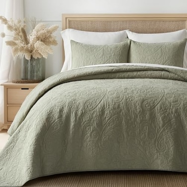 EVERGRACEHOME EVERGRACE 100 Cotton Paisley Quilt Set King Size 3 Piece Set Prewashed Lightweight Bedspread with 2 Shams Soft Breathable MatelasseStyle Quilted Coverlet Light Sage Green