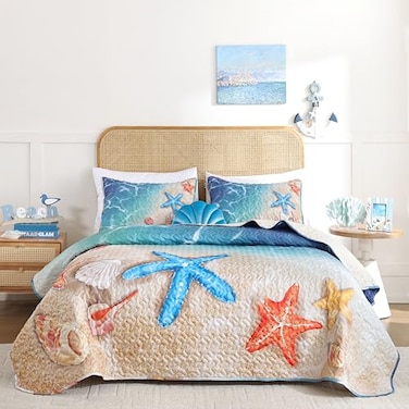 weigelia Coastal Quilt Set Queen Size 3 Piece Lightweight Beach Themed Bedding Soft Breathable Polyester Coverlet All Season Quilts Bedspread for Bedroom Dcor