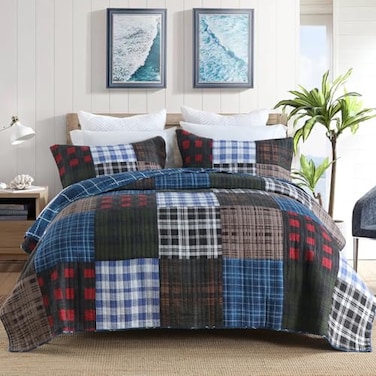 NEWLAKE Quilt Set King Size Cotton Patchwork Blue Black Checkered Patterns Quilt Sets Reversible Bedspread Lightweight and Breathable for All Seasons Soft Quilted Bedspread with 2 Pillow Shams