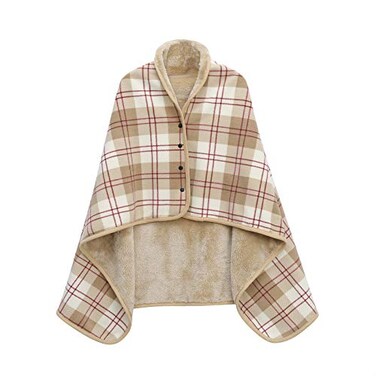 XING YE CHUAN Fleece Wearable Blanket Comfy Poncho Throw with Buttons Plush Sleeveless Blankets for Women Cape Wrap Cover for Lightweight Microfiber Plaid Design Beige