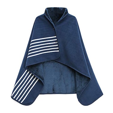 XING YE CHUAN Fleece Wearable Blanket Comfy Poncho Throw with Buttons Plush Sleeveless Blankets for Women Cape Wrap Cover for Lightweight Microfiber Plaid Design Navy Blue