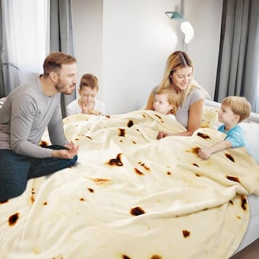 Bnuitland 90 Inches Tortilla Burritos Pattern Blanket with Pouch 300 GSM Double Sided Giant Flour Novelty Taco Funny Realistic Food Blanket for Bed Sofa Super Soft Flannel for Adults