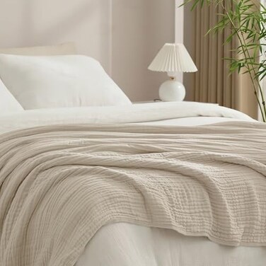 PHF Cooling Muslin Blanket Queen Size 90x80 6Layer Lightweight Gauze Blanket Made from 35 Rayon Derived from Bamboo 65 Cotton Breathable Ultra Soft Cozy for Hot Sleepers French Oak