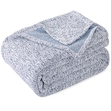 KAWAHOME Summer Sweatshirt Blanket Queen Size for BedLightweight Breathable Blankets Soft Thin Knit Jersey Blanket for Hot Sleepers 90 X 90 Inches Heather Blue