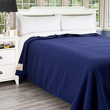 Poyet Motte Antibes 350GSM 100Percent Wool Medium Weight Oversized Blanket Machine Washable Navy Blue FullQueen Size