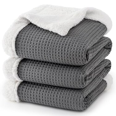 PHF Waffle Sherpa Blanket King Size 104x90 Inches Luxury Plush Flannel Fleece Blanket for Winter No Shed No Pilling Cozy Soft Reversible Waffle Weave Bedding for Home Decor Grey