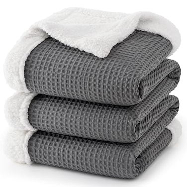 PHF Waffle Sherpa Blanket Queen Size 90x90 Inches Luxury Plush Flannel Fleece Blanket for Winter No Shed No Pilling Cozy Soft Reversible Waffle Weave Bedding for Home Decor Grey