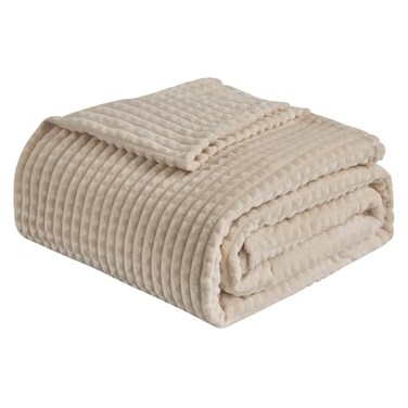 EMME Fleece Blanket 3D Jacquard Throw Blanket for Couch and Bed Soft Cozy and Fluffy Blankets Lightweight Luxury Flannel with Geometric Grid Design Beige 50 x 60